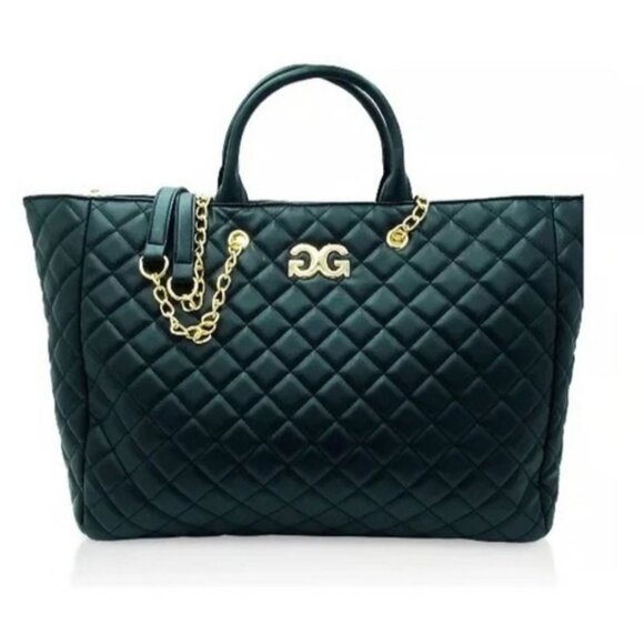 NWT Gilda Paris Quilted Vegan Leather LG 20x13 Tote Bag With Gold Chain Strap & - Picture 2 of 10